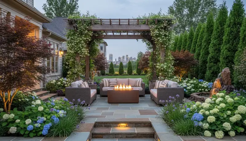 Backyard patio and landscape design with lighting and privacy plantings by landscapers in Nashville, TN