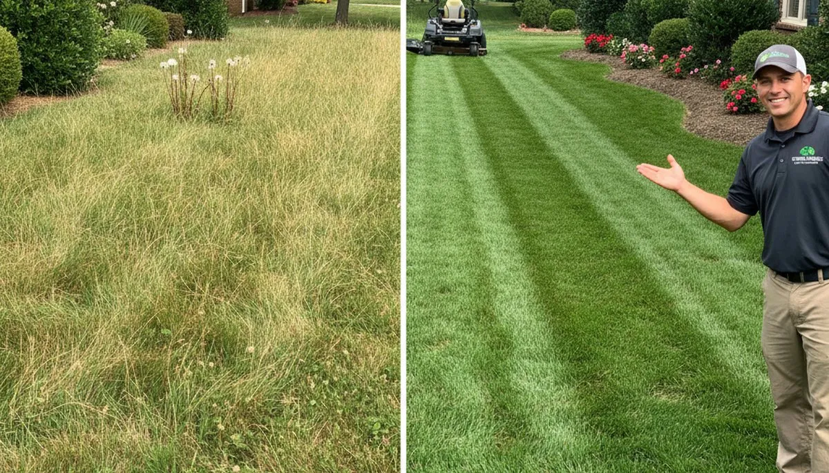Before and after lawn mowing transformation by Chop Chop Landscaping in Nashville, TN