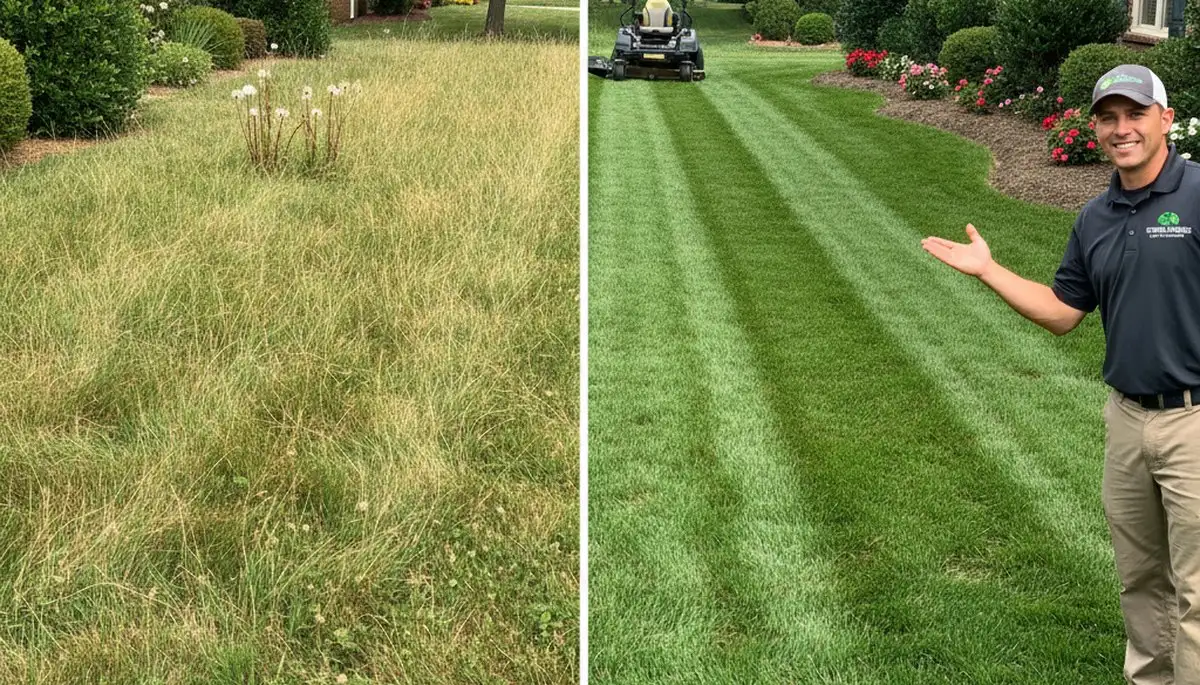 Before and after lawn mowing transformation by Chop Chop Landscaping in Nashville, TN