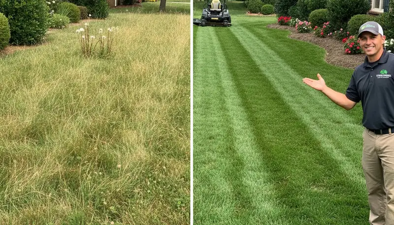 Before and after lawn mowing transformation by Chop Chop Landscaping in Nashville, TN