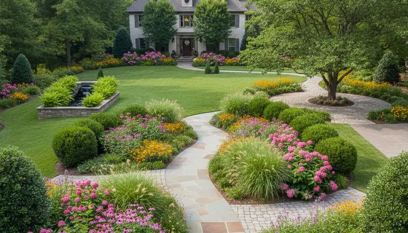Complete property landscape design with layered plantings and hardscape in Nashville, TN