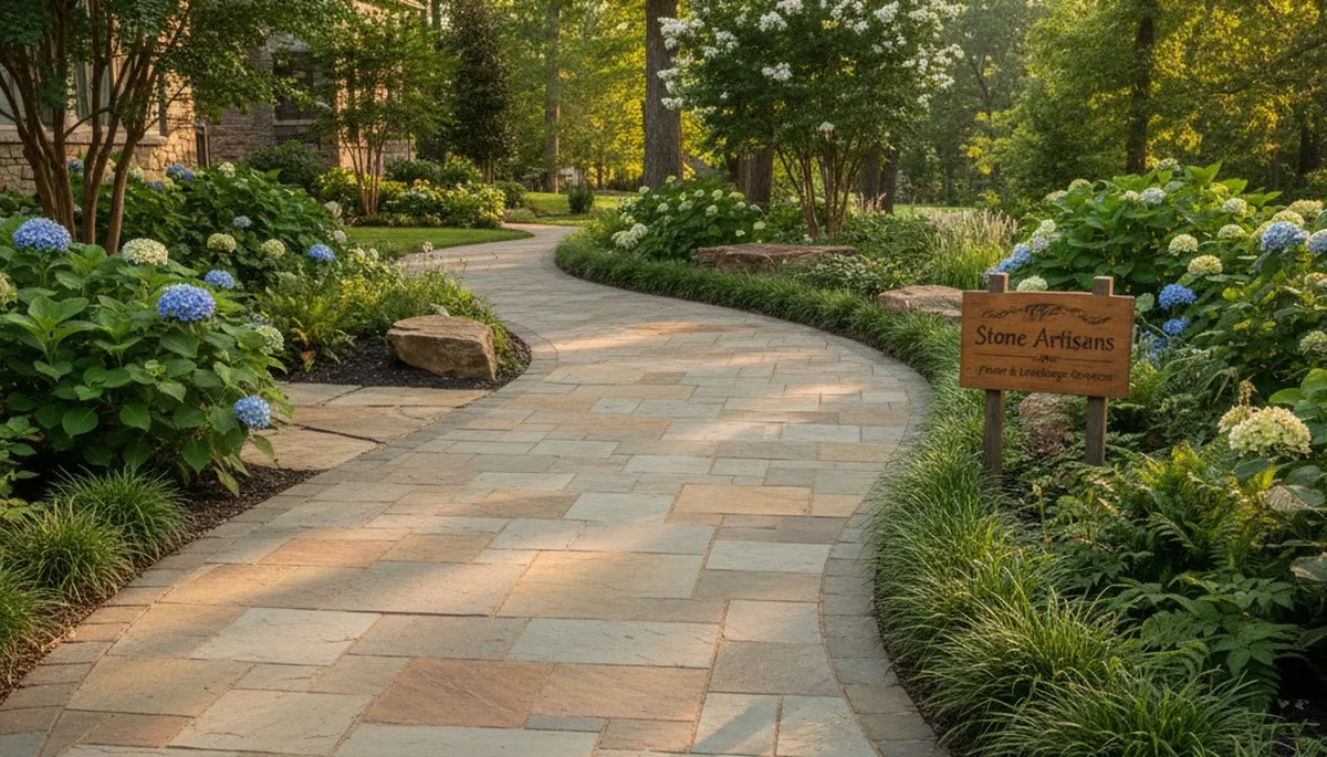 Curved stone paver pathway in residential landscape by professional landscapers in Nashville, TN