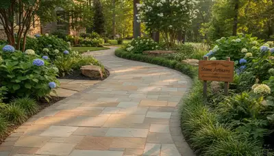 Curved stone paver pathway in residential landscape by professional landscapers in Nashville, TN