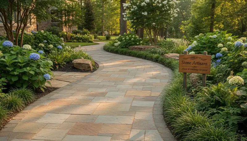 Curved stone paver pathway in residential landscape by professional landscapers in Nashville, TN