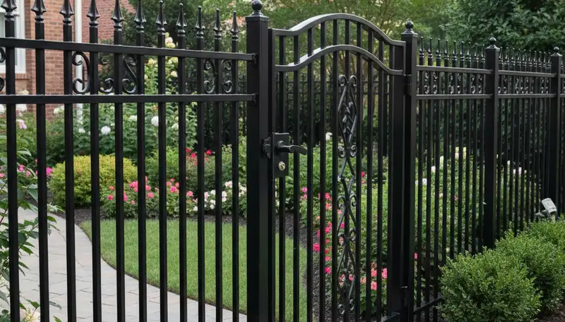 Black ornamental metal fence installation in Nashville TN showcasing decorative craftsmanship and durability