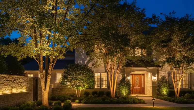 Dramatic tree uplighting at night by Chop Chop Landscaping in Nashville, TN enhancing outdoor design