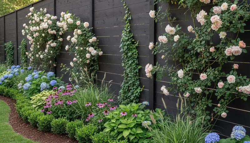 Professional fence installation with integrated landscaping and plantings in Nashville, TN