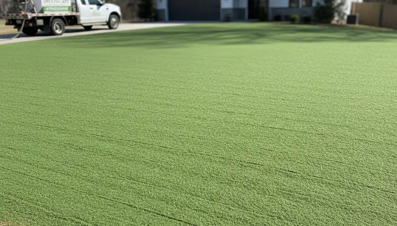 Freshly hydroseeded lawn with full green slurry coverage by Chop Chop Landscaping in Nashville, TN