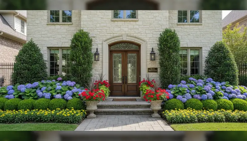 Professional front yard landscaping with colorful plants and shaped shrubs in Nashville, TN