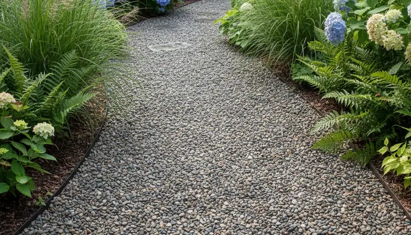 Pea gravel garden pathway with natural drainage by Chop Chop Landscaping in Nashville, Tennessee
