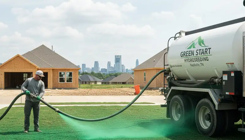 Hydroseeder truck spraying green slurry on residential lawn in Nashville TN by Chop Chop Landscaping
