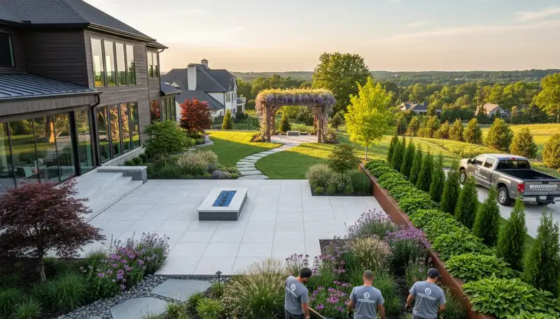 Nashville, TN landscaping crew maintaining a clean, professional lawn service property