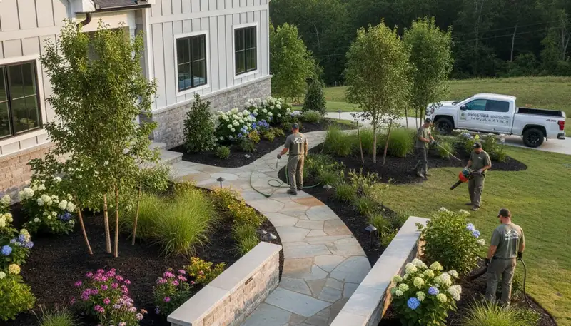Landscaping crew providing lawn care service in Nashville, TN