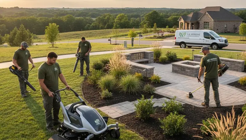 Nashville, TN landscaping service team maintaining a residential lawn for a clean, professional finish