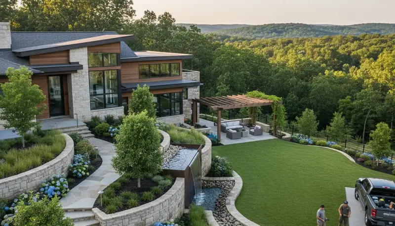 Landscaping team providing lawn service in Nashville, TN for a residential property