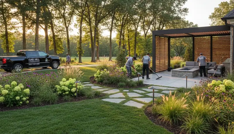 Landscaping crew servicing Nashville, TN lawn with professional residential maintenance tools