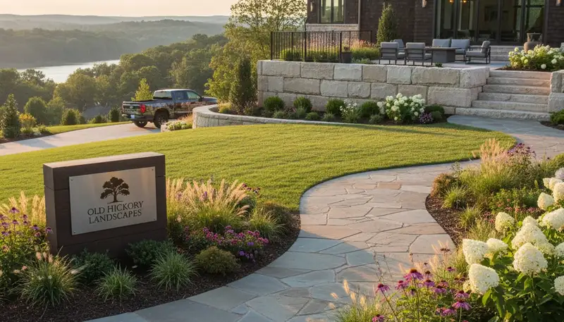 Landscaping crew servicing a Nashville, TN lawn with professional lawn maintenance tools
