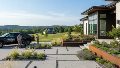 Nashville, TN landscaping crew maintaining a residential lawn with professional lawn service tools