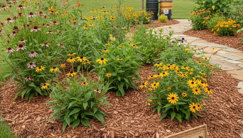 Vibrant native pollinator garden with bee-friendly flowers by organic landscapers in Nashville, TN