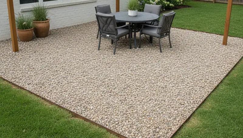 Pea gravel patio with edging and furniture in Nashville, TN by Chop Chop Landscaping