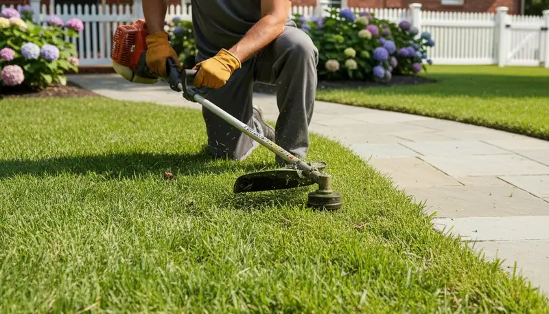 Technician performing precise lawn edge trimming with string trimmer in Nashville, TN landscaping service