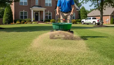 Professional applying fertilizer with broadcast spreader on Nashville TN lawn for even growth