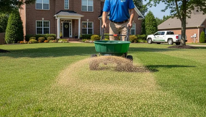 Professional applying fertilizer with broadcast spreader on Nashville TN lawn for even growth