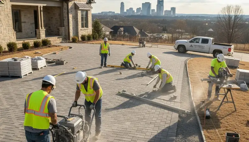Technicians installing driveway pavers in Nashville TN showing base prep and leveling by Chop Chop Landscaping