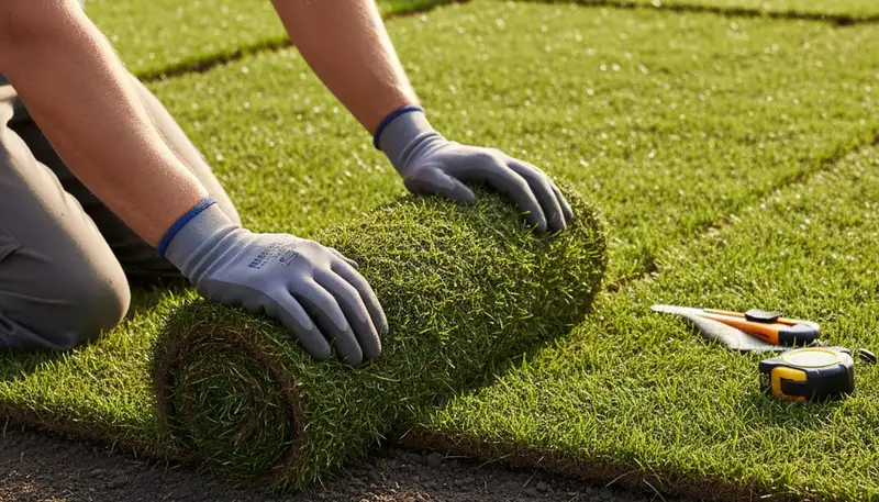 Professional landscaper installing fresh sod rolls with expert technique in Nashville, TN lawn