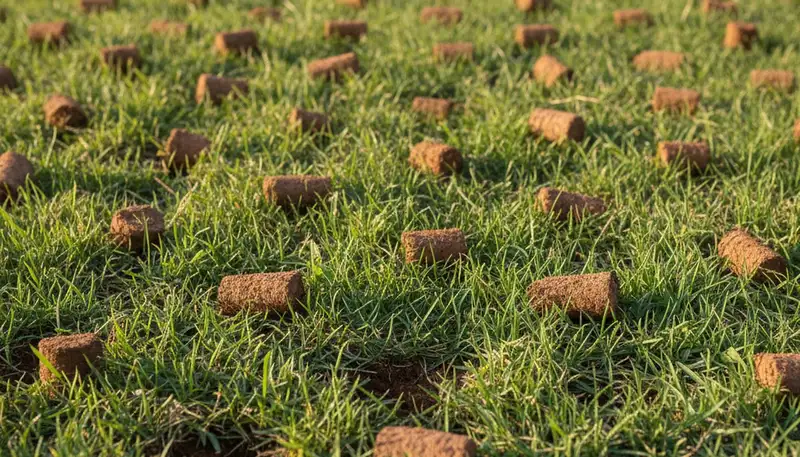 Close-up of lawn aeration soil core plugs on healthy grass in Nashville, TN by Chop Chop Landscaping