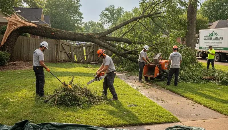 Storm damage cleanup crew removing fallen branches and debris in Nashville, TN yard restoration