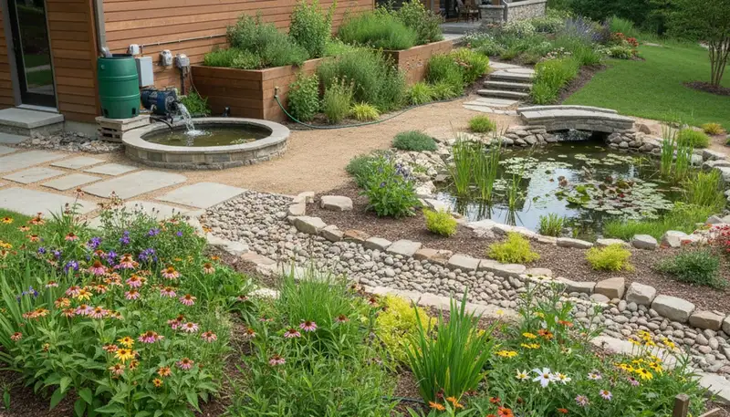 Sustainable rain garden with native plants and water recycling design by organic landscapers in Nashville, TN