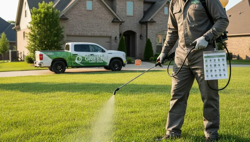 Technician performing targeted weed control treatment on Nashville, TN lawn with professional sprayer